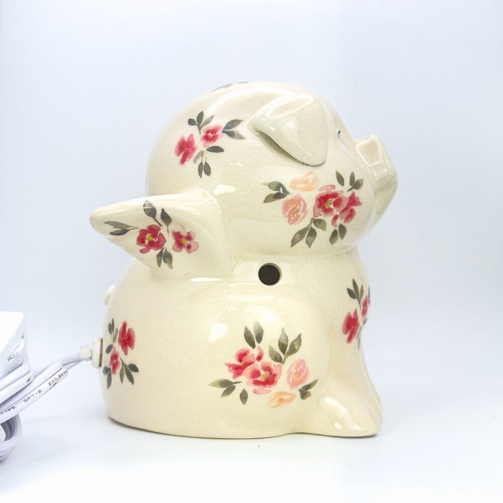 VTG. FLYING ANGEL PIG NIGHT LIGHT RED&PINK FLORAL CRACKLED FINISH WORKS GREAT. - Picture 5 of 10